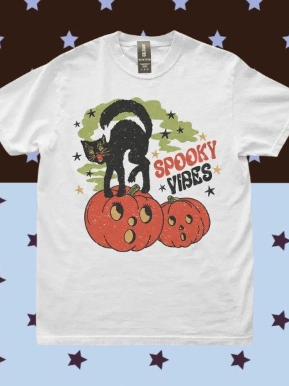 Gildan White Spooky Vibes Black Cat Mom & Pumpkin Graphic Tee